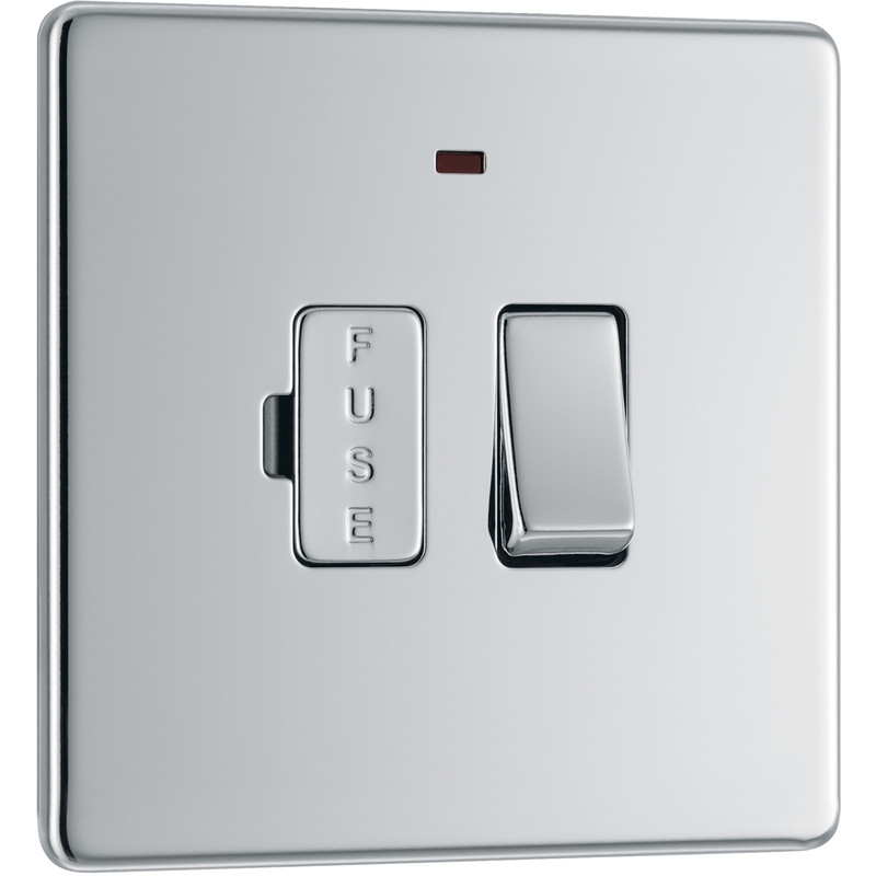 BG Screwless Flat Plate Polished Chrome 13A Spur Unit Switched Fused & Neon