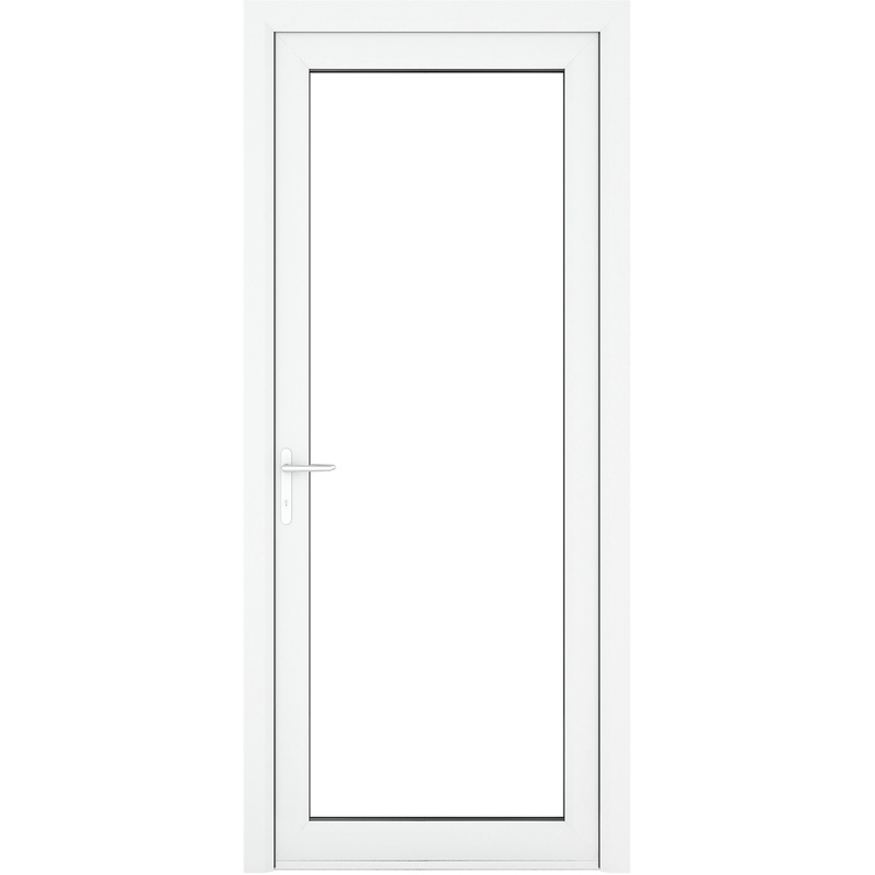 Crystal uPVC Single Door Full Glass Right Hand Open In 840mm x 2090mm Clear Double Glazed White