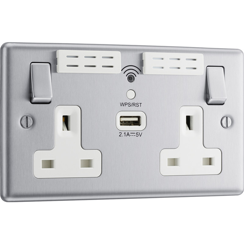 BG Brushed Steel 13A White Insert WiFi Extender & USB Socket 2 Gang + 1 USB (2.1A)