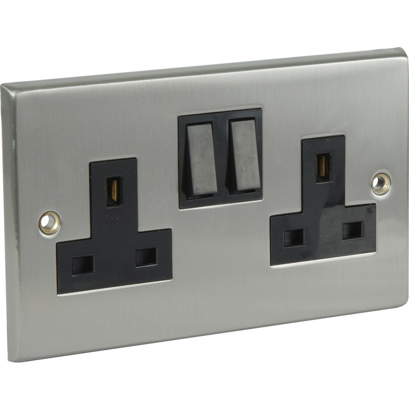 Satin Chrome / Black Switched Socket 2 Gang