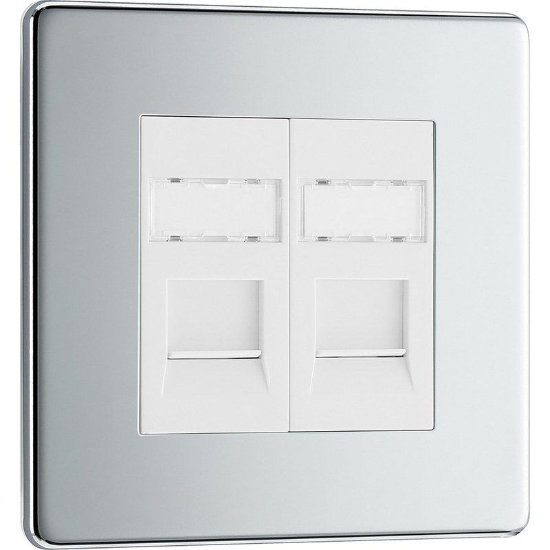 BG Screwless Flat Plate Polished Chrome RJ45 Outlet 2 Gang
