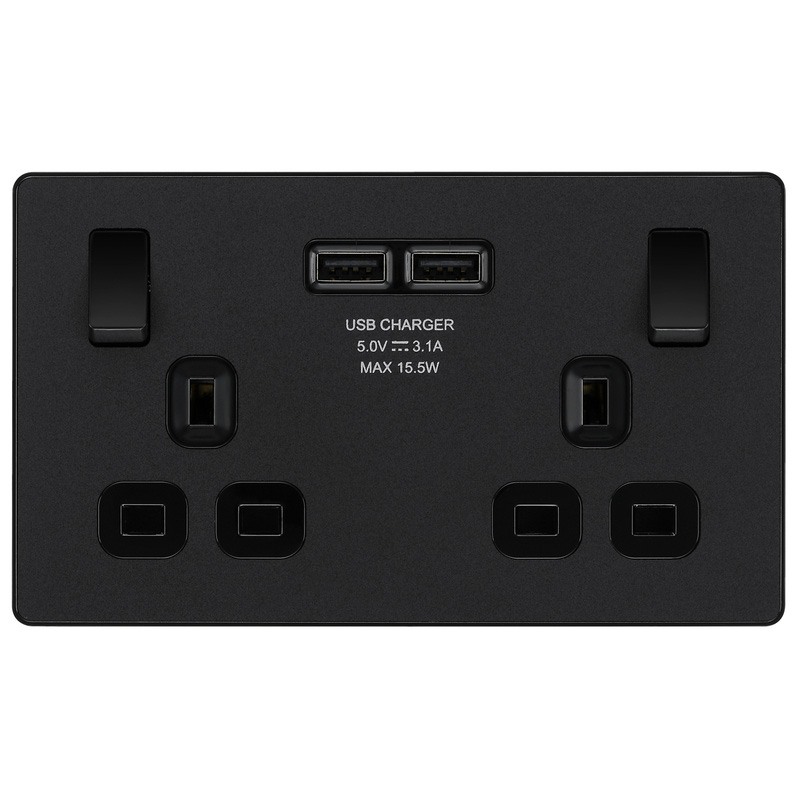 BG Evolve Matt Black (Black Ins) Double Switched 13A Power Socket + 2 X Usb (3.1A)