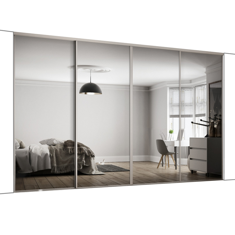 Spacepro Classic 4 Door Sliding Wardrobe Kit Dove Grey Framed Mirror 3586 x 2260mm
