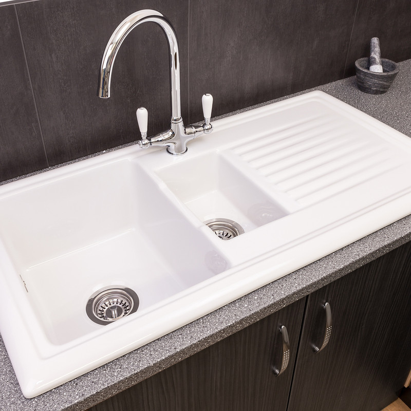 Reginox Reversible Ceramic Kitchen Sink & Drainer 1.5 Bowl White with Chrome Tap