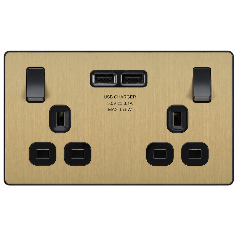 BG Evolve Brushed Brass (Black Ins) Double Switched 13A Power Socket + 2 X Usb (3.1A)