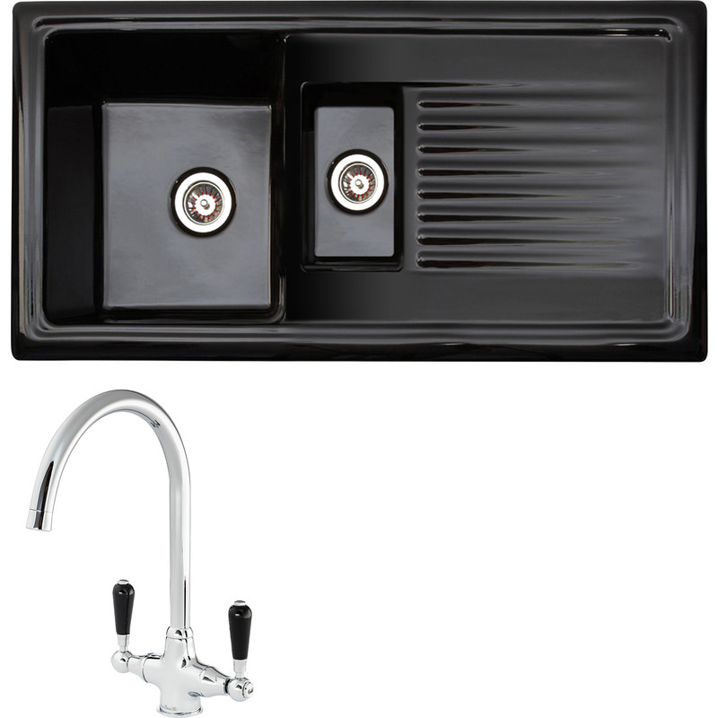 Reginox Reversible Ceramic Kitchen Sink & Drainer 1.5 Bowl Black with Chrome Tap