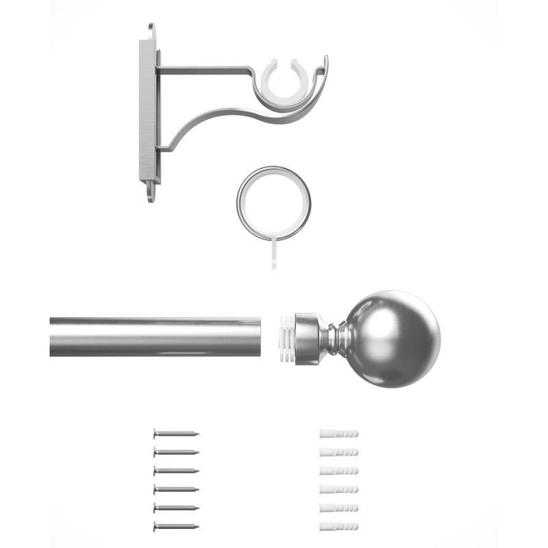Rothley Curtain Pole Kit with Solid Orb Finials & Rings Brushed Stainless Steel 25mm x 1219mm