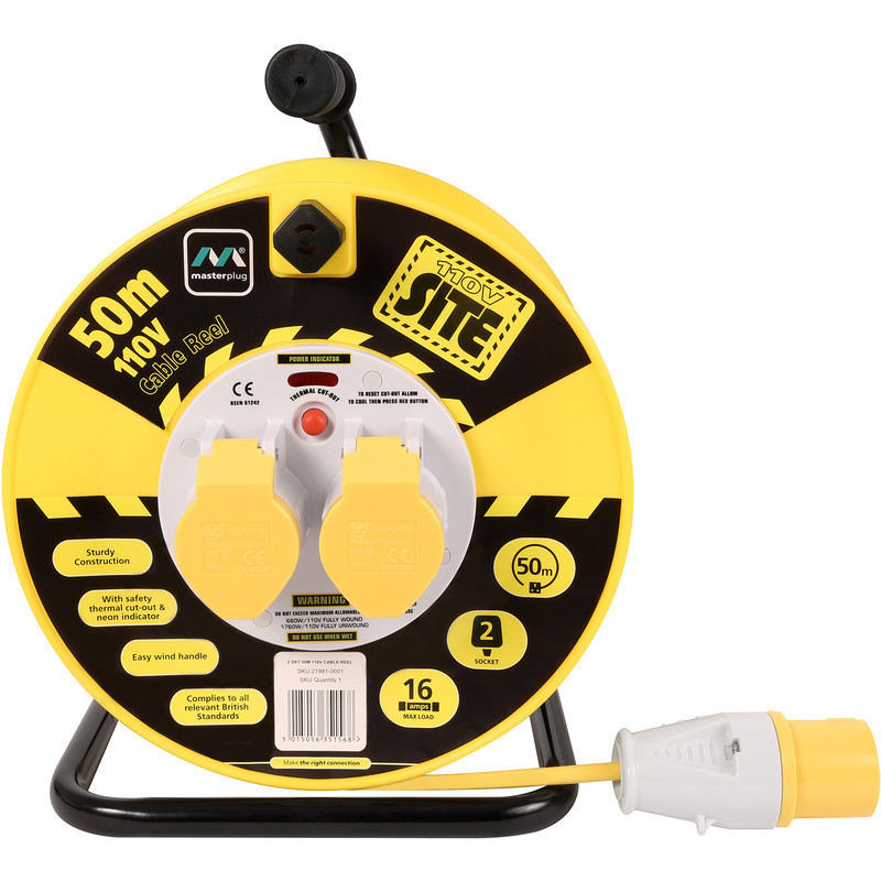 Masterplug 2 Socket 16A Open Cable Reel 50m 110V