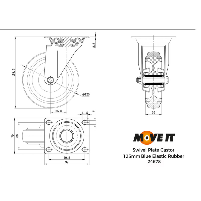 General Duty Electric Blue Castor Swivel 125mm / 160kg