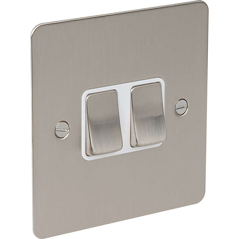 Flat Plate Satin Chrome 10A Switch 2 Gang 2 Way