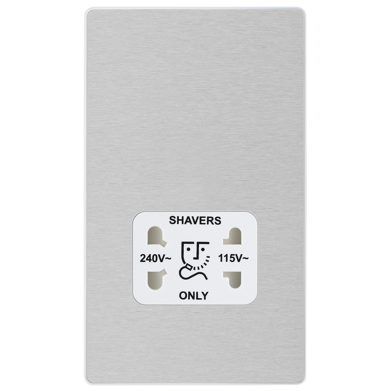 BG Evolve Brushed Steel (White Ins) Dual Voltage Shaver Socket 115/240V