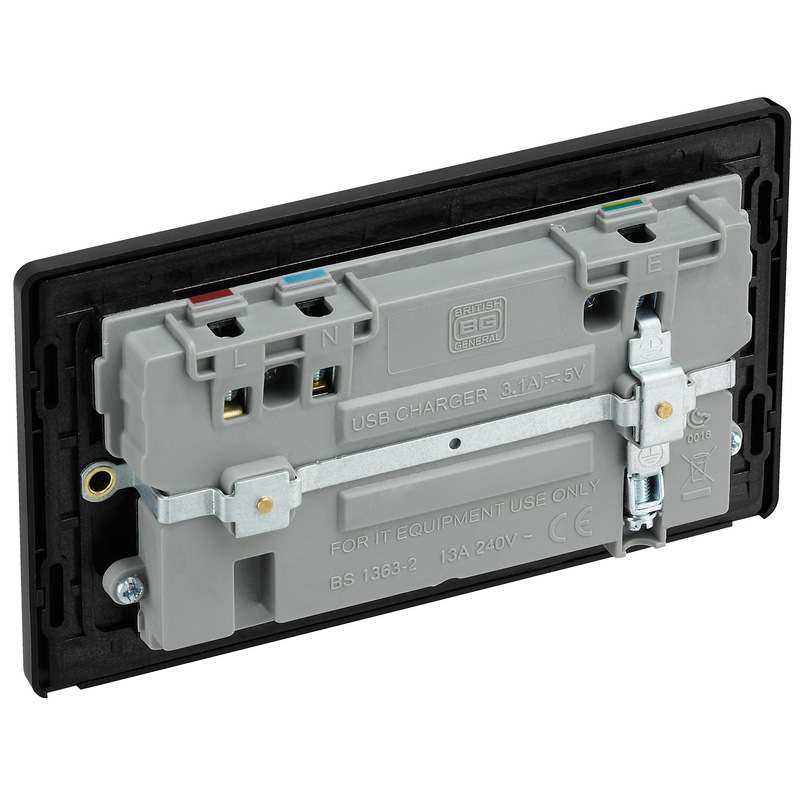 BG Evolve Matt Grey (Black Ins) Double Switched 13A Power Socket + 2 X Usb (3.1A)