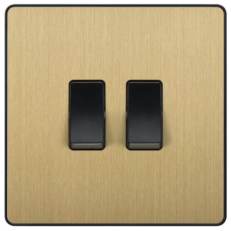 BG Evolve Brushed Brass (Black Ins) Double Light Switch, 20A 16Ax, 2 Way