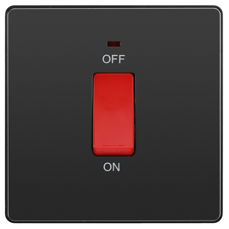 BG Evolve Black Chrome (Black Ins) 45A Square Switch, Double Pole With Led Power Indicator