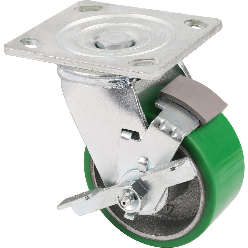 Green Mould-On Poly Steel Hub Swivel + Brake 100mm