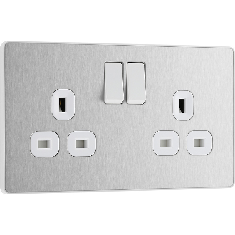 BG Evolve Brushed Steel (White Ins) Double Switched 13A Power Socket