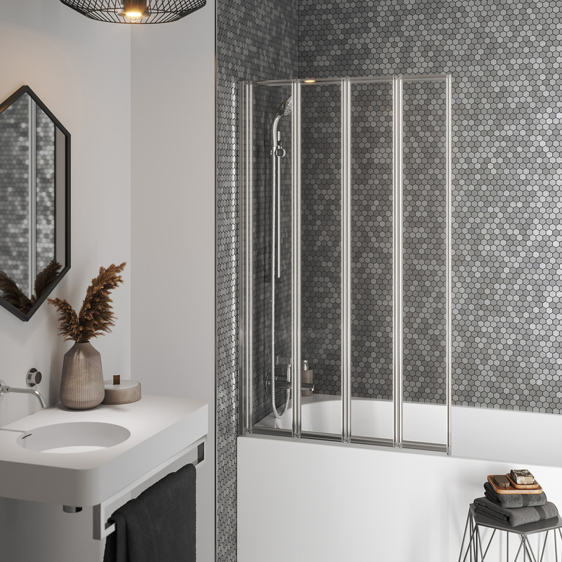 Aqualux 4 Fold Bath Screen Silver Frame 840x1400mm