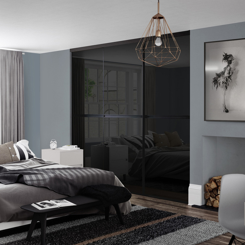 Spacepro Minimalist 3 Door Sliding Wardrobe Kit Black Framed Black Glass Doors 2702 x 2260mm