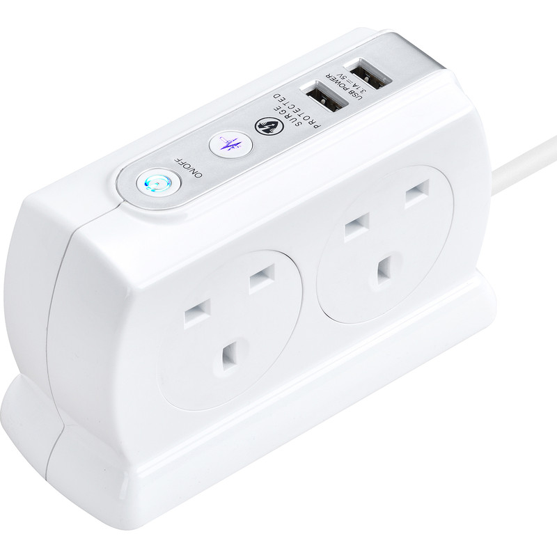 4 Socket Switched Extension Lead + 2 x 3.1A USB Compact Surge +2x USB- Gloss White 2m