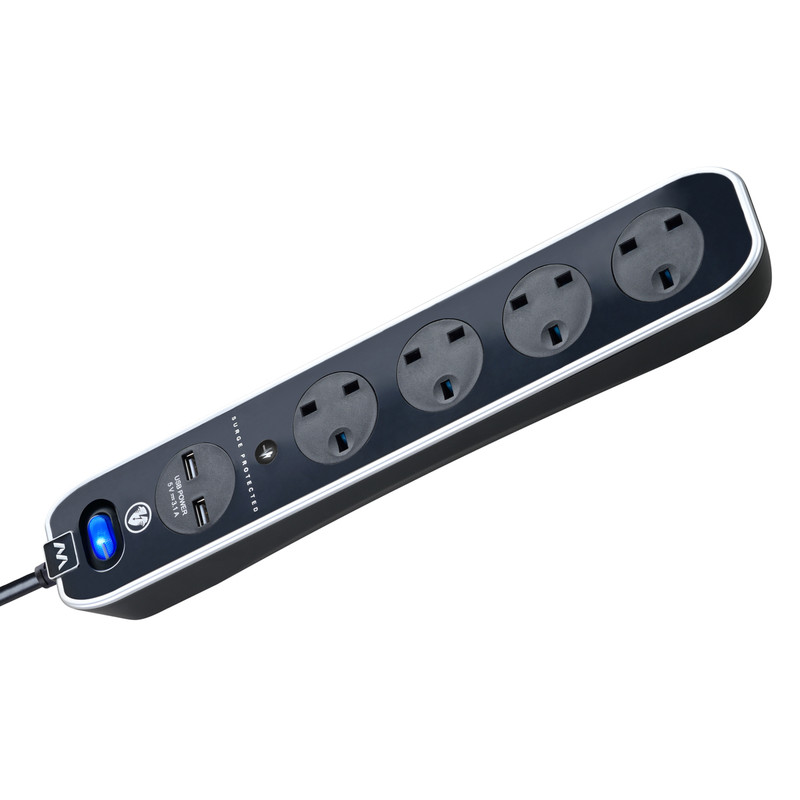 4 Socket Switched Extension Lead + 2 x 3.1A USB Inline Surge - Gloss Black 2m
