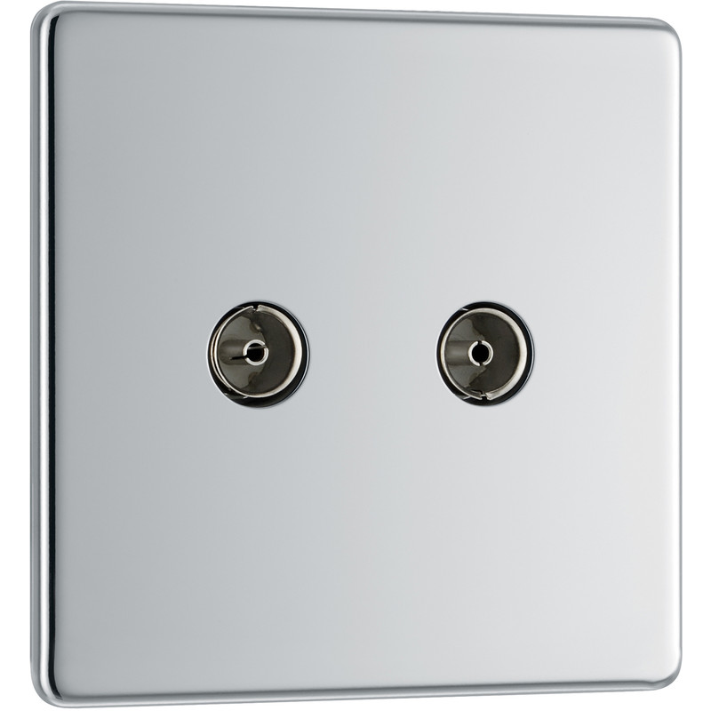 BG Screwless Flat Plate Polished Chrome Coaxial Sockets 2 Gang Coaxial