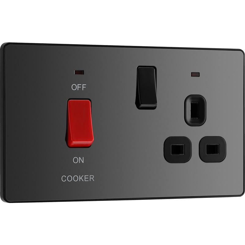 BG Evolve Black Chrome (Black Ins) Cooker Control Socket, Double Pole Switch With Led Power Indicators