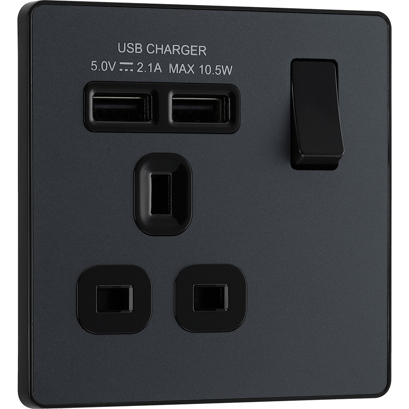 BG Evolve Matt Grey (Black Ins) Single Switched 13A Power Socket + 2 X Usb (2.1A)