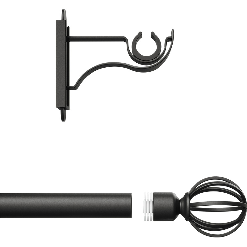 Rothley Curtain Pole Kit with Cage Orb Finials Matt Black 25mm x 1219mm