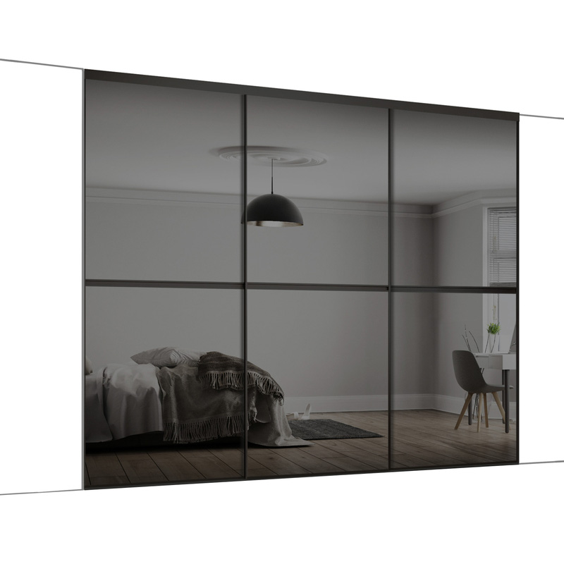 Spacepro Minimalist 3 Door Sliding Wardrobe Kit Black Framed Grey Mirror Doors 2246 x 2260mm