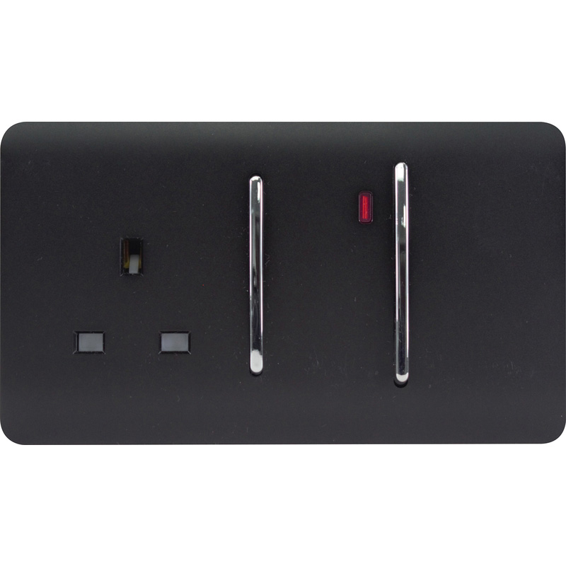 Trendiswitch Matt Black 13 Amp Cooker Switch & Socket with Neon 2 Gang