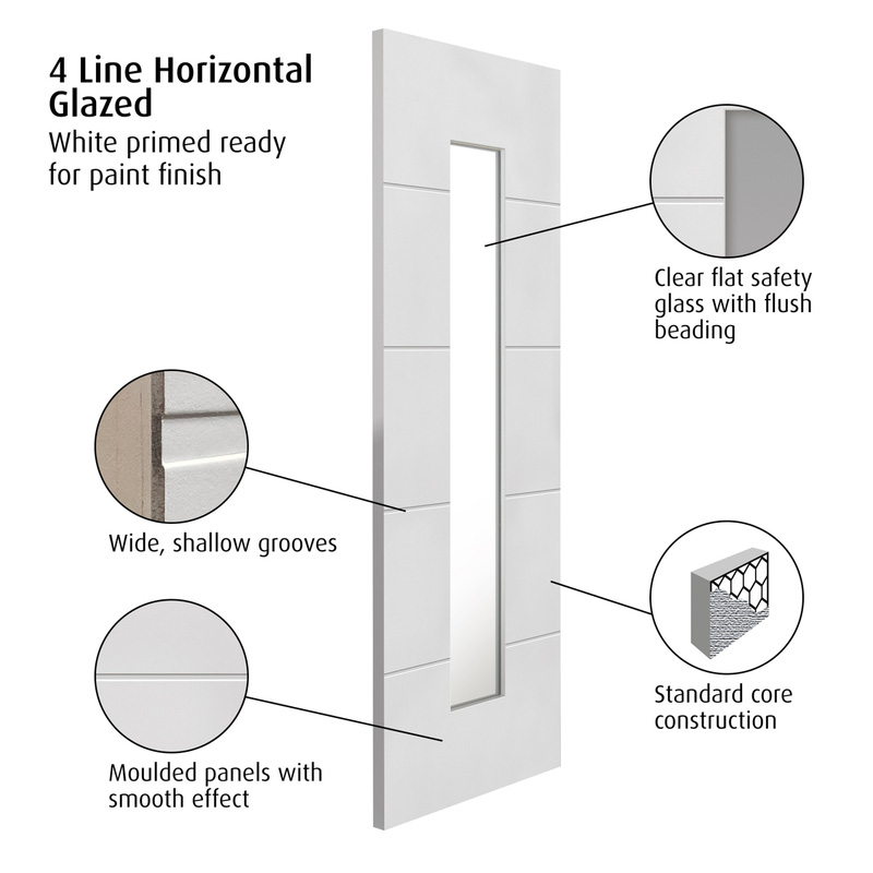 4 Line Horizontal Smooth Moulded Internal Clear Glazed Door White 35 x 1981 x 762mm
