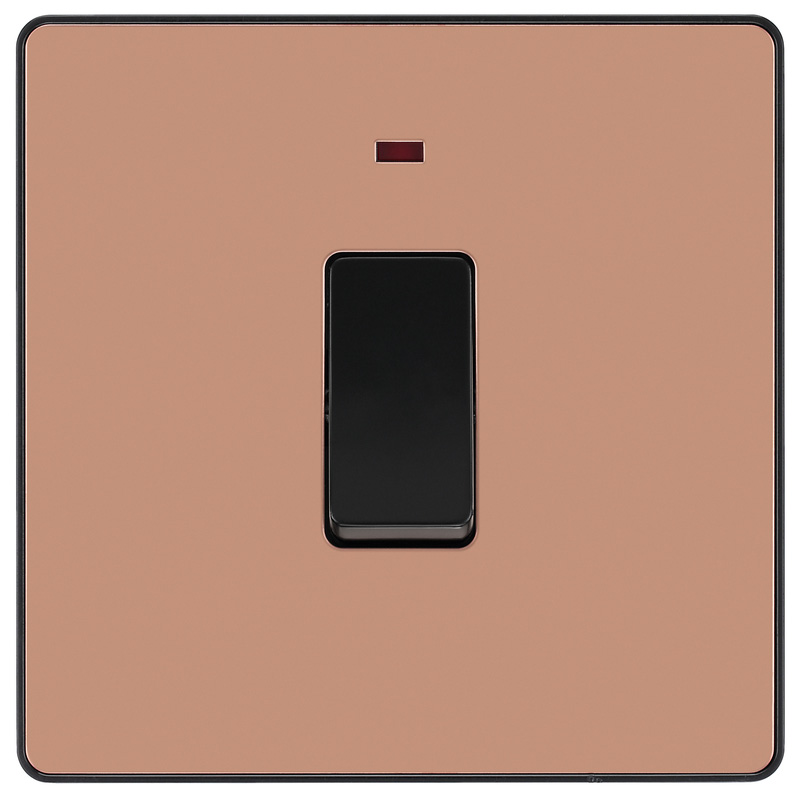 BG Evolve Polished Copper (Black Ins) 20A Switch, Double Pole With Power Led Indicator