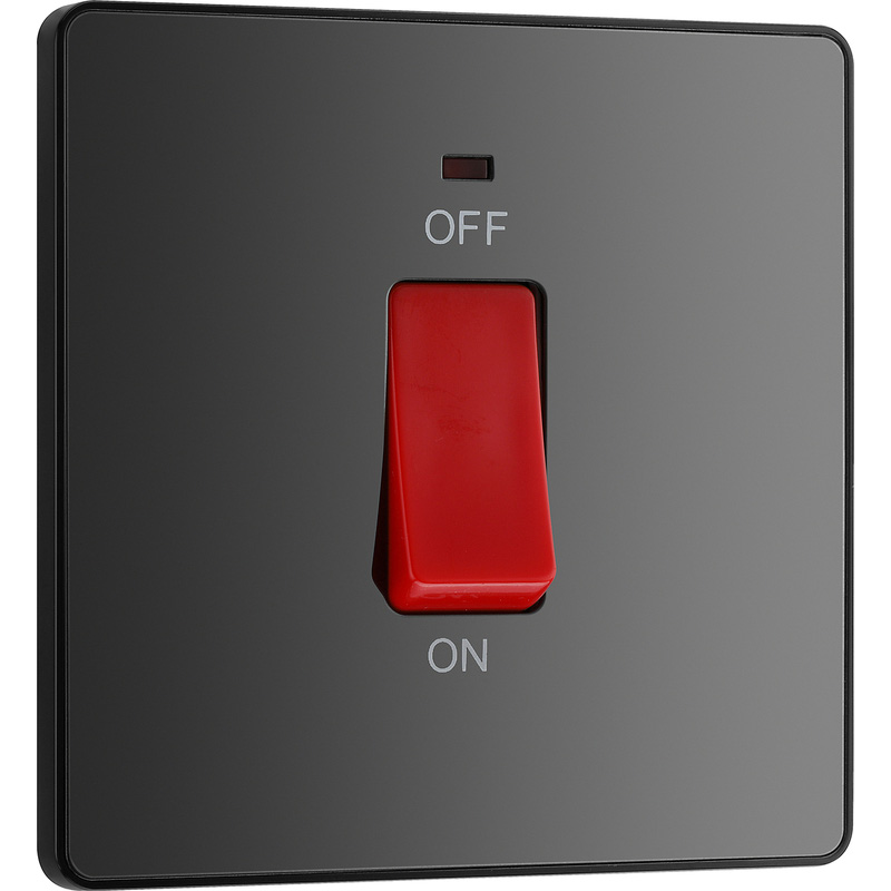 BG Evolve Black Chrome (Black Ins) 45A Square Switch, Double Pole With Led Power Indicator