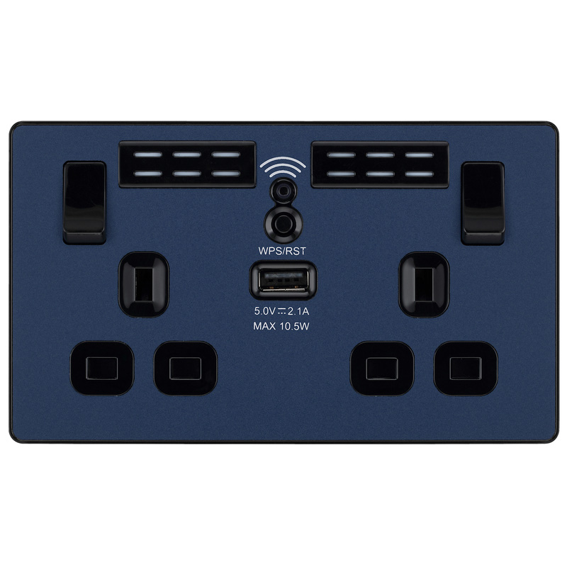 BG Evolve Matt Blue (Black Ins) Wifi Extender Double Switched 13A Power Socket + 1X Usb (2.1A)