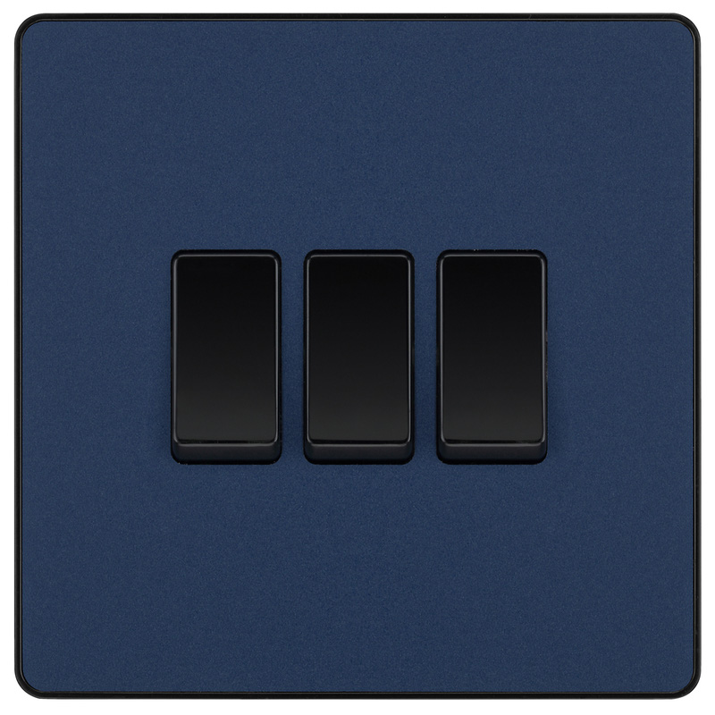 BG Evolve Matt Blue (Black Ins) Triple Light Switch, 20A 16Ax, 2 Way
