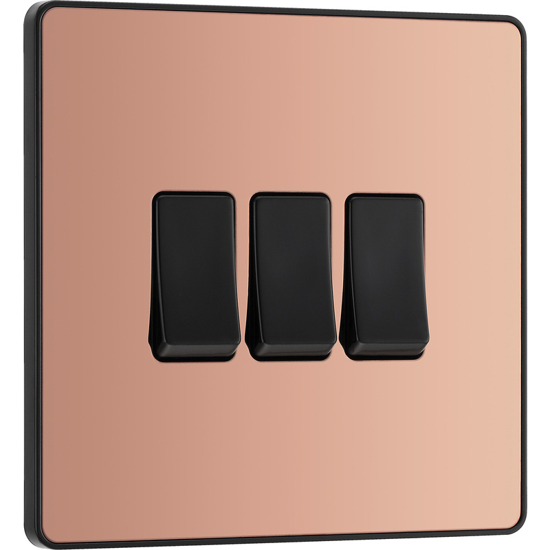 BG Evolve Polished Copper (Black Ins) Triple Light Switch, 20A 16Ax, 2 Way