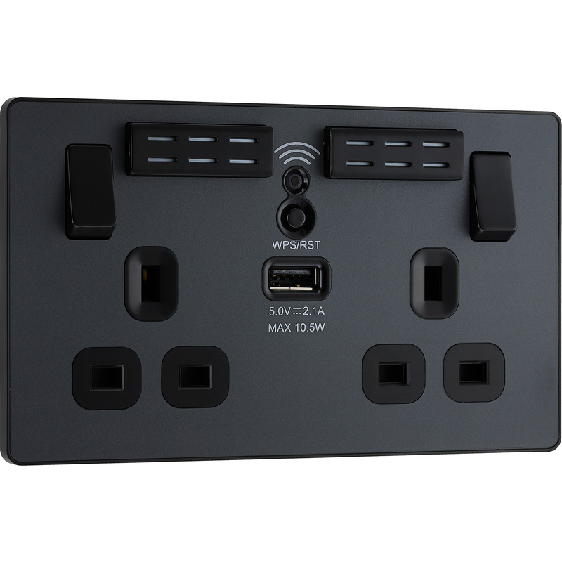 BG Evolve Matt Grey (Black Ins) Wifi Extender Double Switched 13A Power Socket + 1X Usb (2.1A)