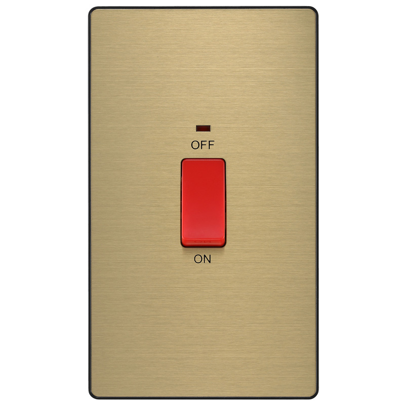BG Evolve Brushed Brass (Black Ins) 45A Rectangular Switch, Double Pole With Led Power Indicator