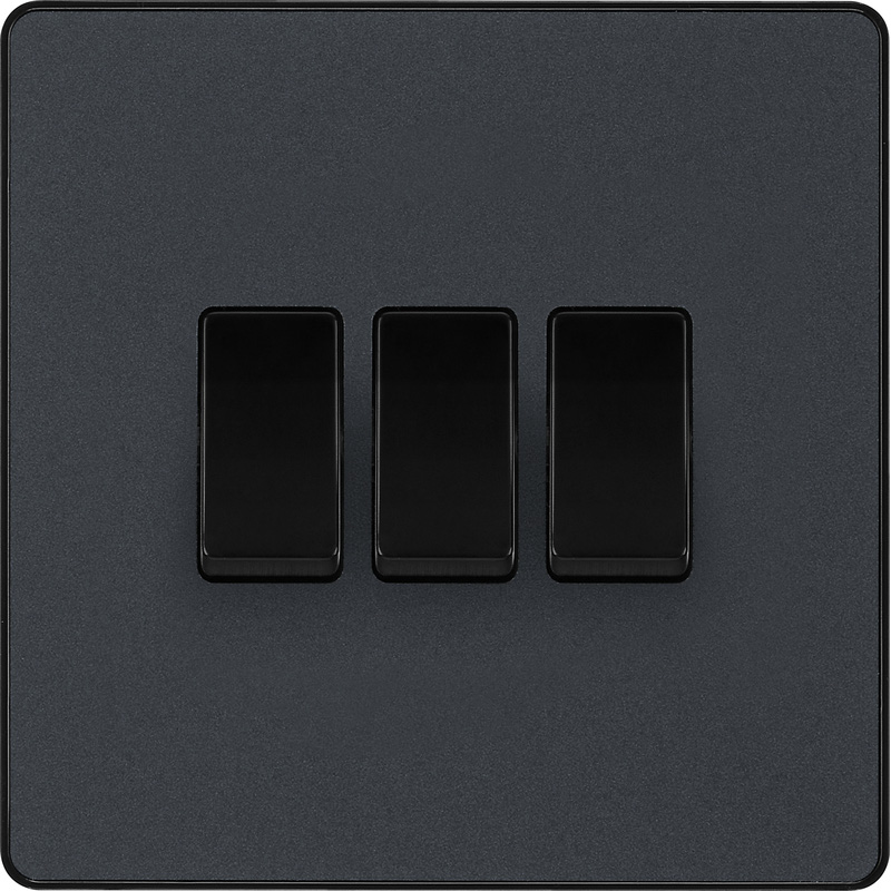 BG Evolve Matt Grey (Black Ins) Triple Light Switch, 20A 16Ax, 2 Way