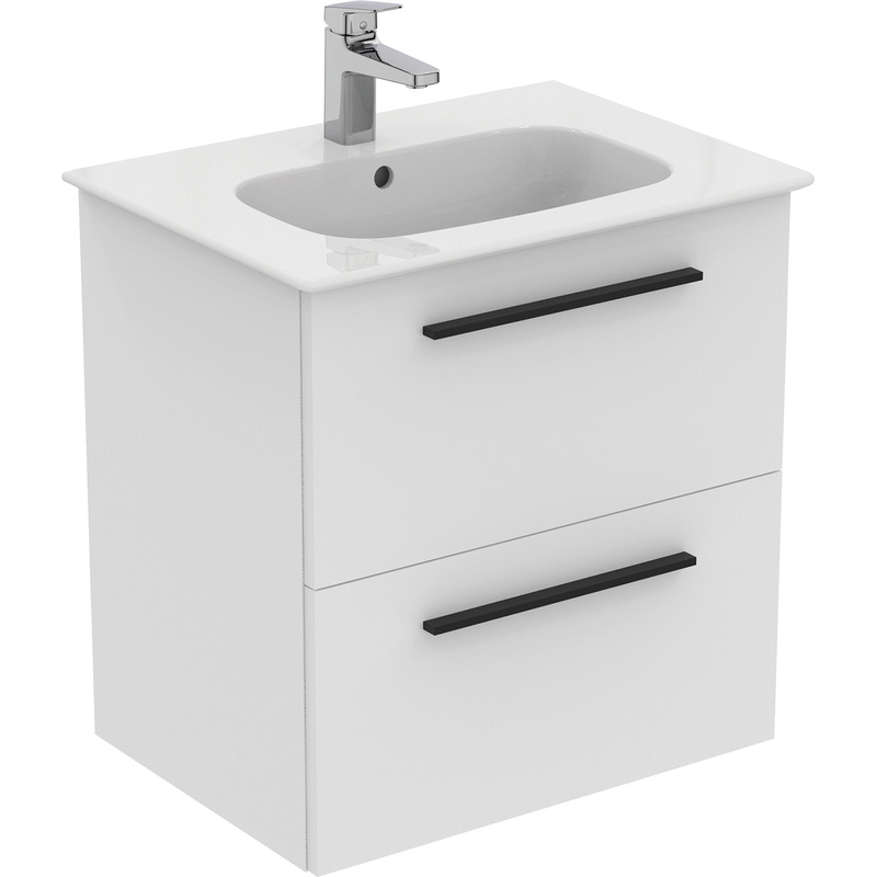 Ideal Standard i.life A Double Drawer Wall Hung Vanity Unit with Basin Matt White 600mm with Matt Black Handles