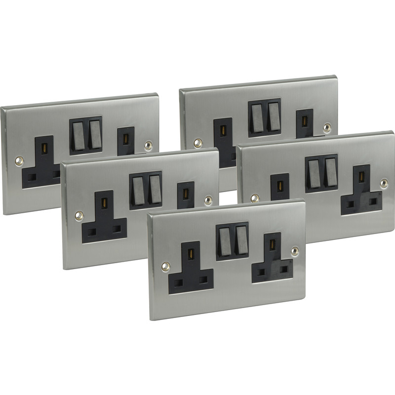 Satin Chrome / Black Switched Socket 2 Gang Trade Pack