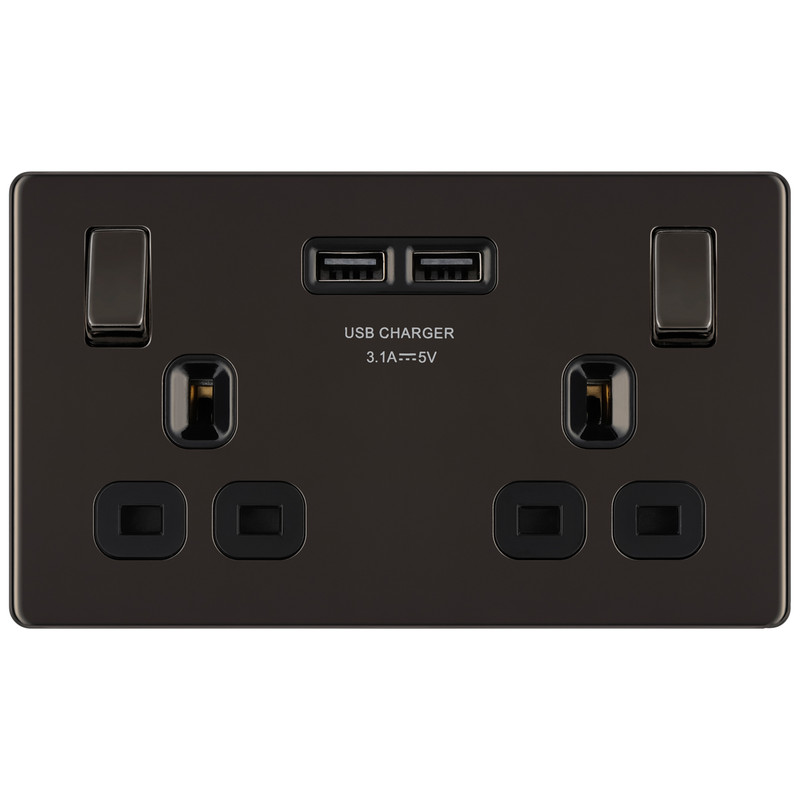BG Screwless Flat Plate Black Nickel 13A SP USB Switched Socket 2 Gang