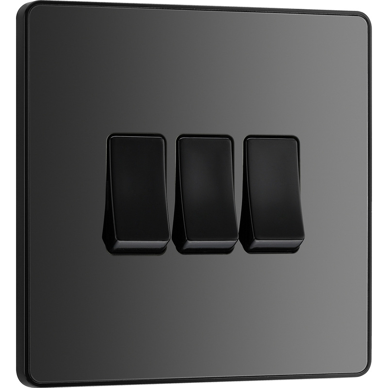 BG Evolve Black Chrome (Black Ins) Triple Light Switch, 20A 16Ax, 2 Way