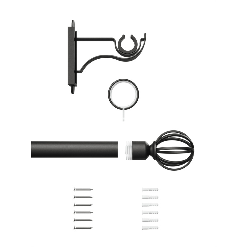 Rothley Curtain Pole Kit with Cage Orb Finials & Rings Matt Black 25mm x 1829mm