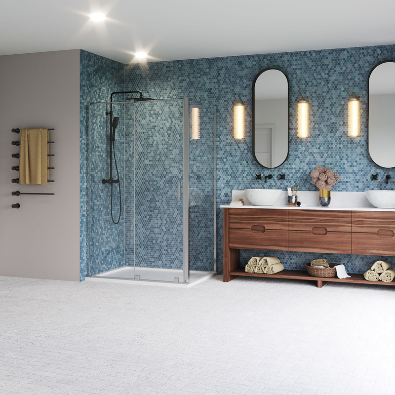 Aqualux Frameless 6mm Sliding Door & Side Panel Shower Enclosure with Tray and Waste Kit 1400x900mm