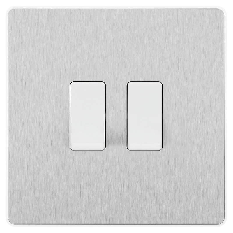 BG Evolve Brushed Steel (White Ins) Double Light Switch, 20A 16Ax, 2 Way