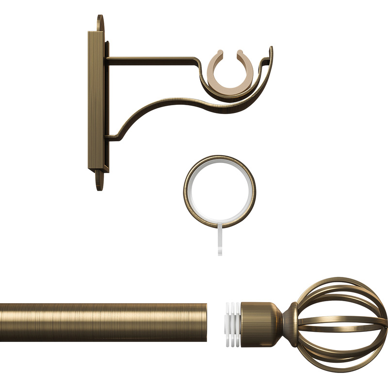 Rothley Curtain Pole Kit with Cage Orb Finials & Rings Antique Brass 25mm x 1219mm