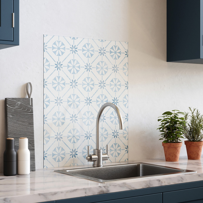 House Beautiful Heritage Sky Blue Self-Adhesive Glass Splashback 900 x 750mm
