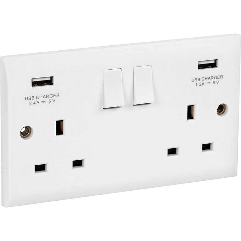 Axiom 13A White Low Profile  USB Switched Socket 2 Gang + 2 USB