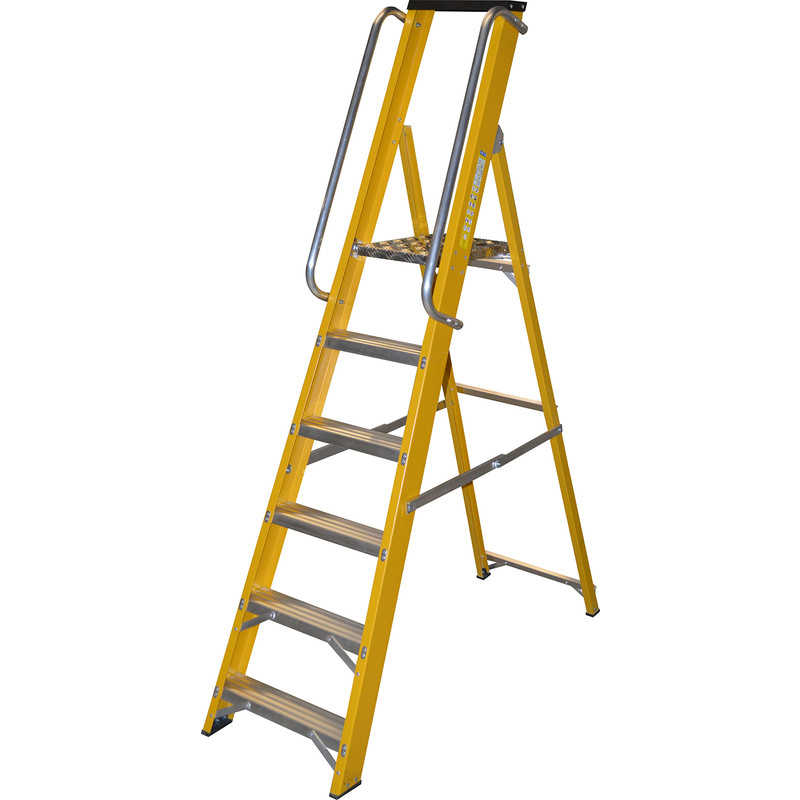 Lyte Heavy Duty Fibreglass Platform Step Ladder With Safety Handrail 6 Tread, Closed Length 2.04m